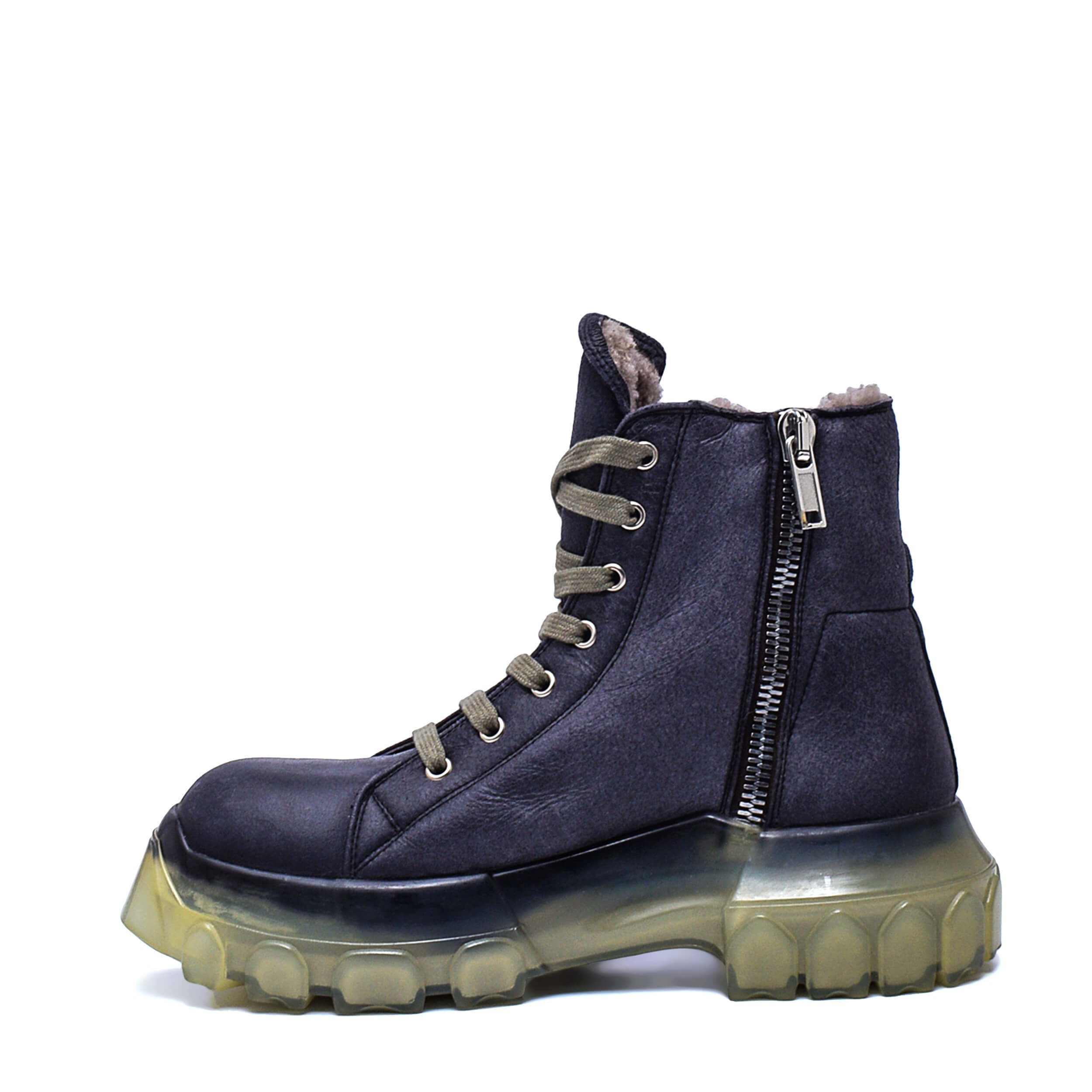 Rick Owens - Navy Blue Leather Shearling Mega Bozo Tractor Boots / 38